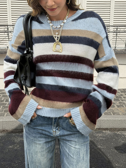 Striped Ribbed Contrast Color Loose Long Sleeves Round-neck Sweater Tops