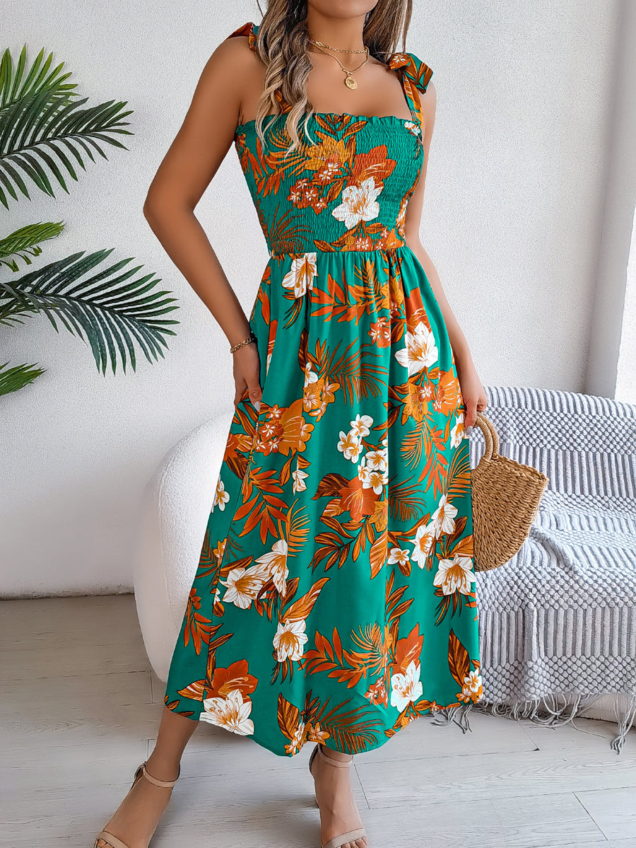 A-Line Loose Contrast Color Elasticity Flower Print Tied Spaghetti-Neck Midi Dresses