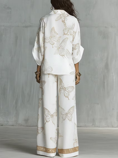 High Waisted Wide Leg Butterfly Print Contrast Color Pockets Pants Trousers