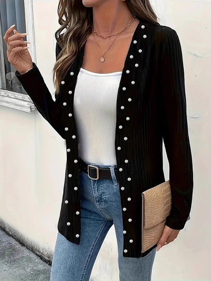 Long Sleeves Loose Beaded Solid Color Collarless Cardigan Tops