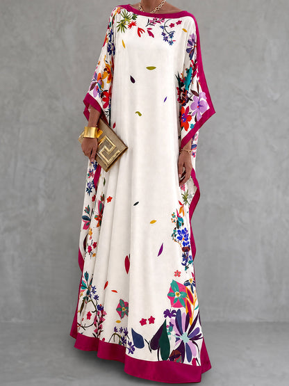 Split-side Flower Print Contrast Color Three-quarter Sleeves H-line Boat Neck Maxi Dresses