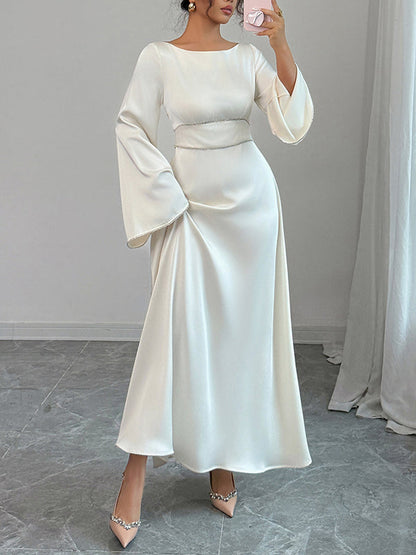 A-Line Flared Sleeves Solid Color Tied Zipper Round-Neck Maxi Dresses