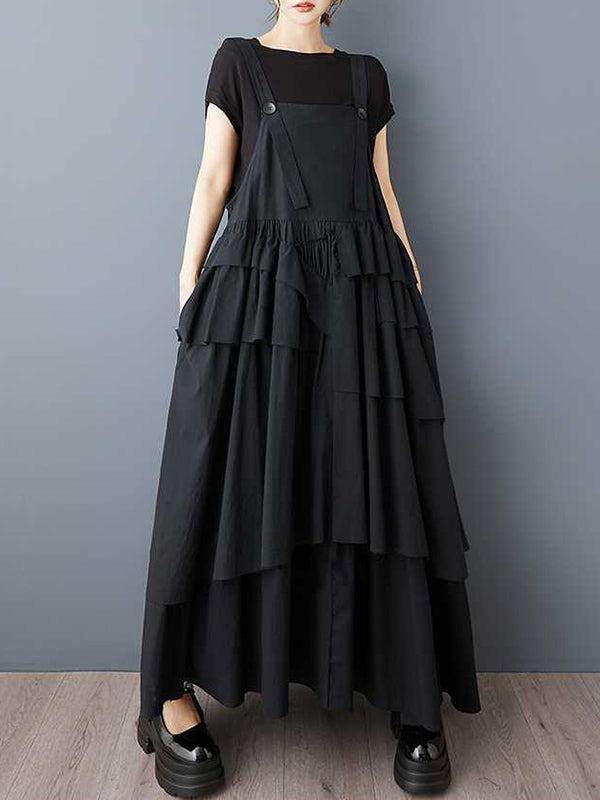 A-Line Loose Asymmetric Buttoned Pleated Spaghetti-Neck Maxi Dresses Suspender Dress