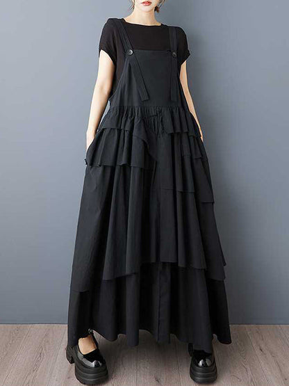 A-Line Loose Asymmetric Buttoned Pleated Spaghetti-Neck Maxi Dresses Suspender Dress