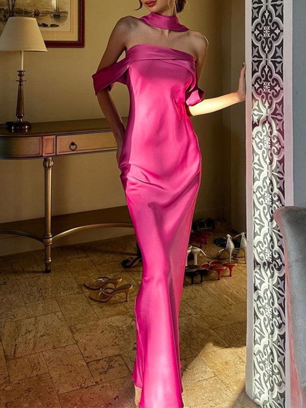 Sleeveless Solid Color Zipper Off-the-shoulder Maxi Dresses