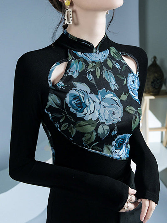 Long Sleeves Skinny Buttoned Flower Print Hollow Split-Joint Round-Neck T-Shirts Tops