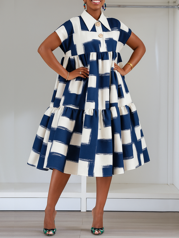 A-Line High Waisted Buttoned Contrast Color Pleated Lapel Midi Dresses