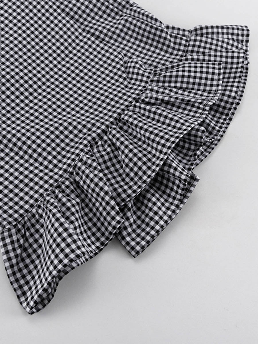 Loose  Contrast Color Plaid Ruffled Split-Joint  Long Sleeves Buttoned Lapel Blouses&Shirts Tops + Pants Two Pieces Set