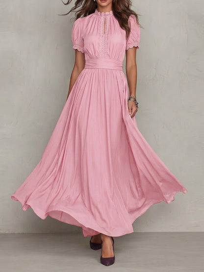 High Waisted Plus Size Buttoned Pleated Solid Color Round-neck Maxi Dresses