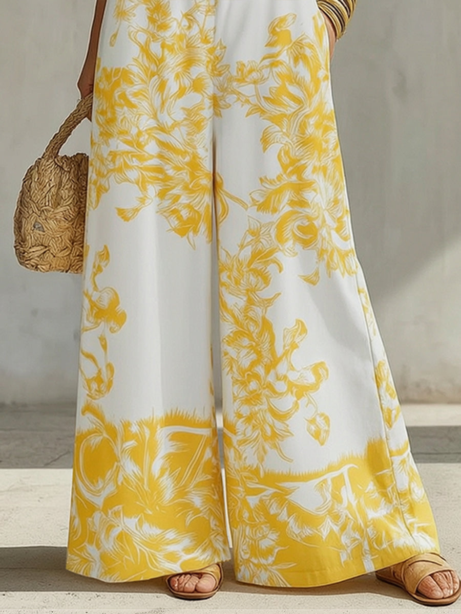 Pockets Pleated Flower Print Wide Leg Sleeveless Spaghetti-Neck Jumpsuits