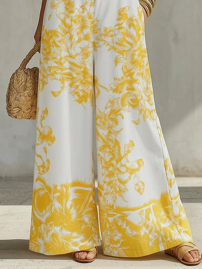 Pockets Pleated Flower Print Wide Leg Sleeveless Spaghetti-Neck Jumpsuits