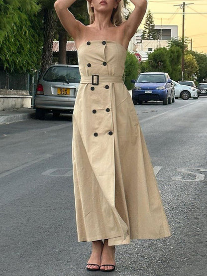 A-Line Loose Belted Buttoned Pockets Tube Maxi Dresses