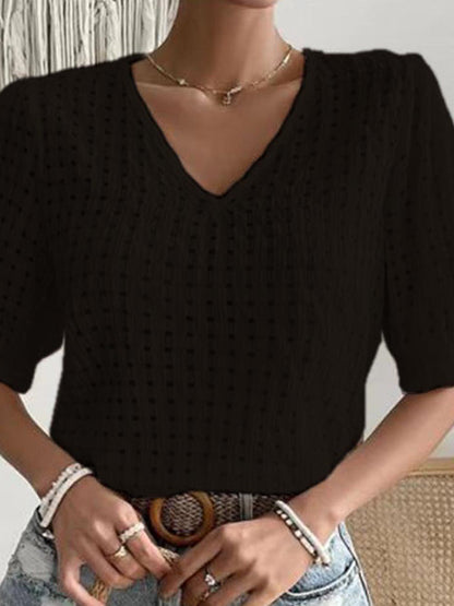 Lockere, kurze Ärmel, hohl, einfarbig, geteilter V-Ausschnitt, T-Shirts, Oberteile 