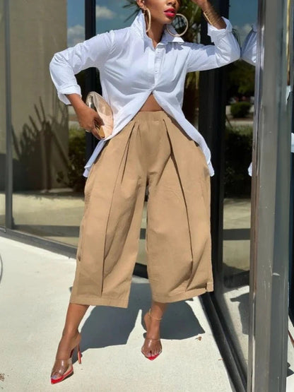 Solid Color Pockets Pleated Wide Leg Loose Pants