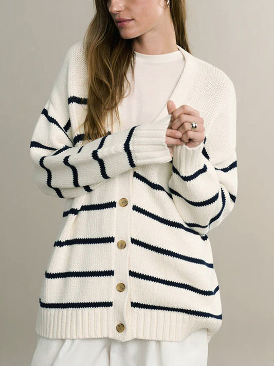 Long Sleeves Loose Split-Joint Striped V-Neck Cardigan Tops