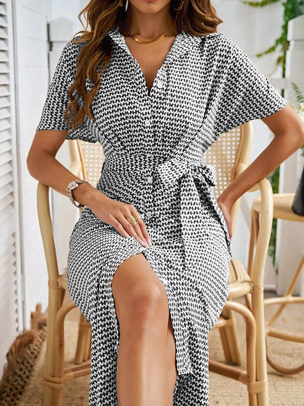 Half Sleeves High Waisted Buttoned Pleated Tied Waist V-Neck Midi Dresses