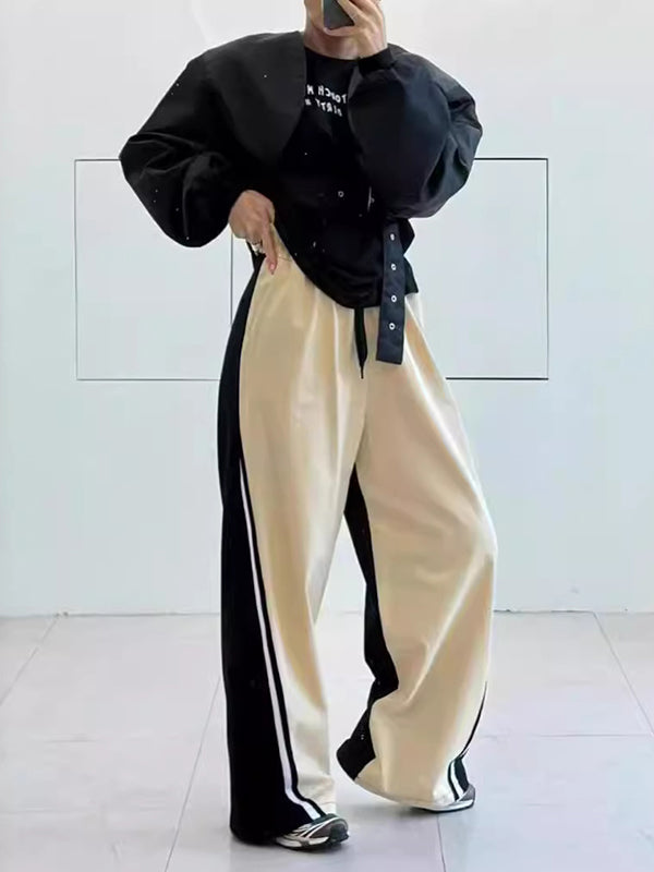 High Waisted Loose Drawstring Elasticity Split-Joint Pants Trousers KHAKI