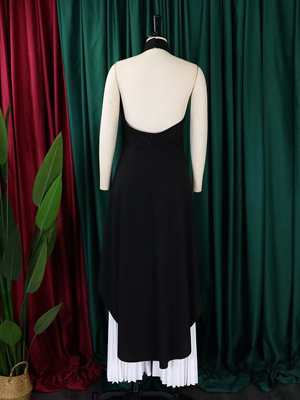 Ensemble deux pièces haut court et pantalon taille haute en dentelle à dos nu et col licou 