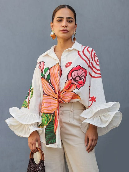 Flared Sleeves High-Low Buttoned Contrast Color Flower Print Lapel Blouses&Shirts Tops