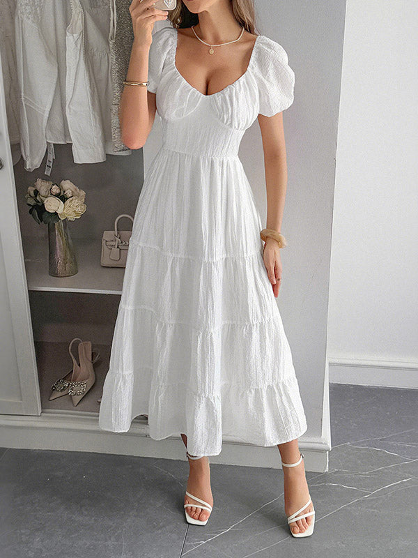 A-Line Loose Backless Pleated Solid Color Tied V-Neck Midi Dresses