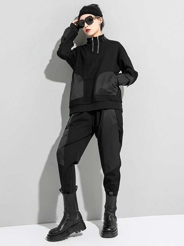 Casual Long Sleeves Loose Solid Color Zipper High-Neck Sweatshirt Tops