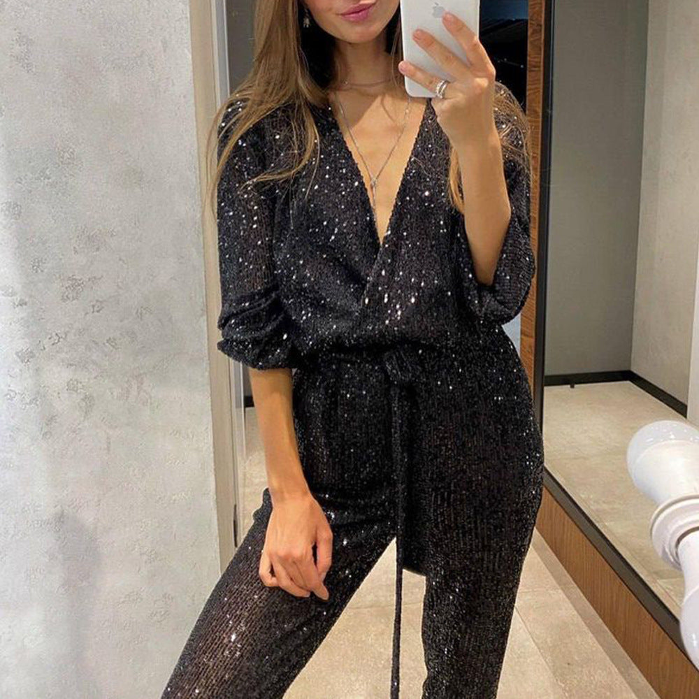 Women's Sparkly V Neck Belted Jumpsuits