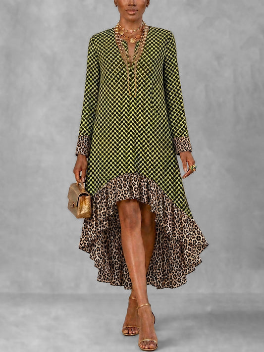 Split-Joint Ruffle Trim Leopard Heart Print Loose Long Sleeves V-neck Maxi Dresses