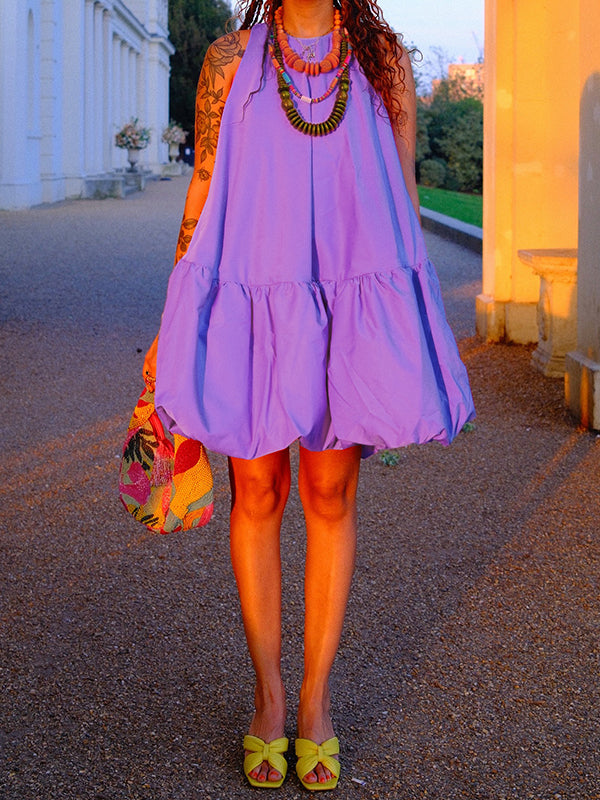 High Waisted Loose Pleated Solid Color Round-Neck Mini Dresses