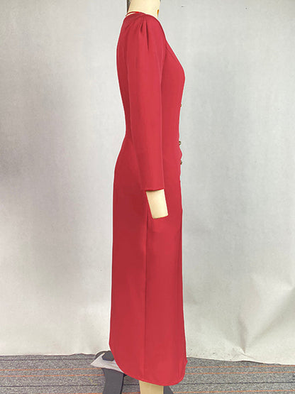 Robe chemise moulante à manches longues et col en V, couleur unie, boutonnée 