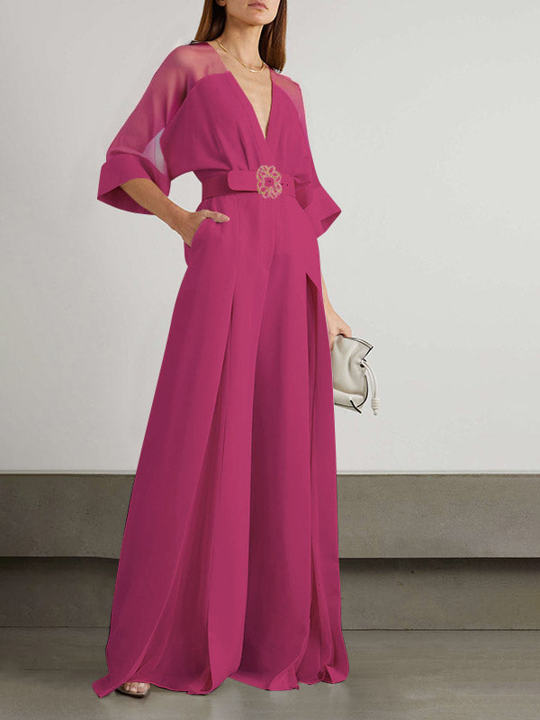 Solid Color Split-Front Contrast Color Tied Waist High Waisted V-Neck Jumpsuits