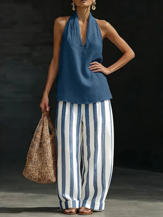Loose Plus Size Contrast Color Striped Halter-Neck Vest Top + Pants Bottom Two Pieces Set