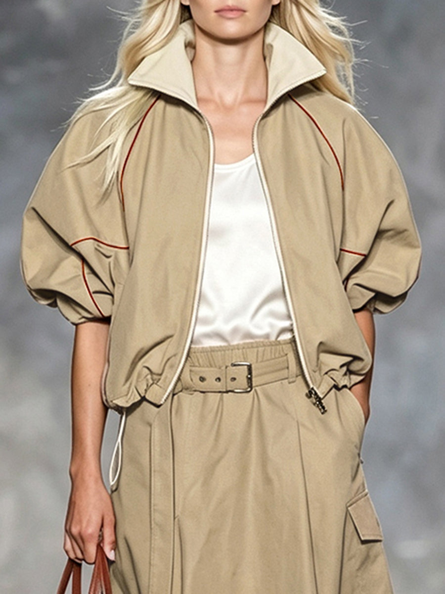 Zipper Drawstring Contrast Color Loose Half Sleeves Lapel Outerwear