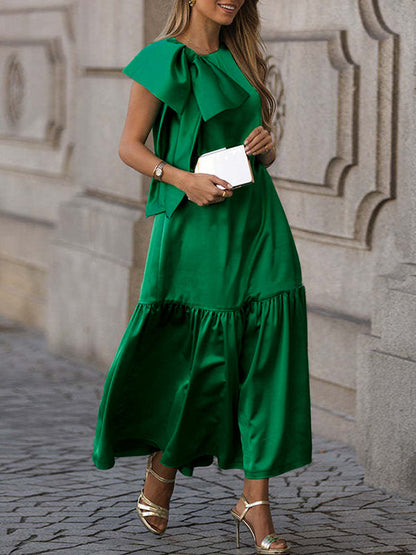 Sleeveless Bowknot Pleated Split-Joint Round-Neck Maxi Dresses