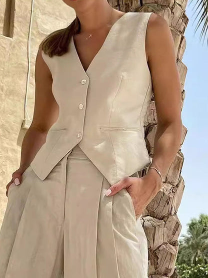 Loose Sleeveless Buttoned Solid Color V-Neck Vest Top + Split-Joint Pleated Pockets Pants Bottom Two Pieces Set