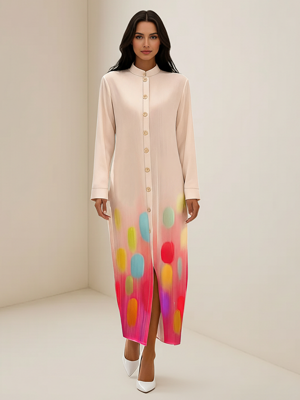 Irregularity Long Sleeves Abstract Printed Asymmetric Buttoned Contrast Color Geometric Split-Front Split-Joint Stand Collar Maxi Dresses Shirt Dress