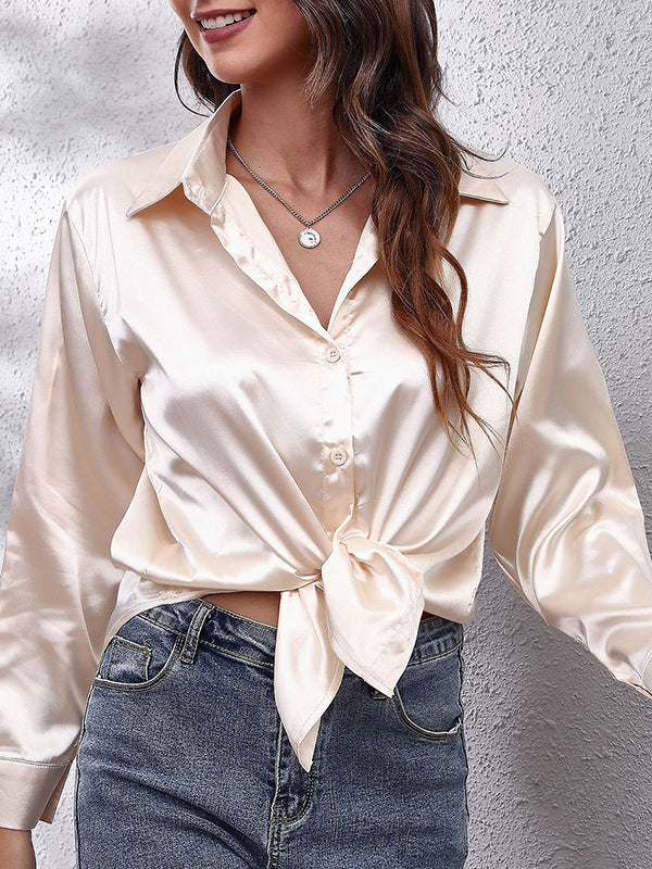 Long Sleeves Loose Solid Color Lapel Blouses CHAMPAGNE