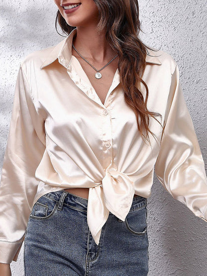 Long Sleeves Loose Solid Color Lapel Blouses CHAMPAGNE
