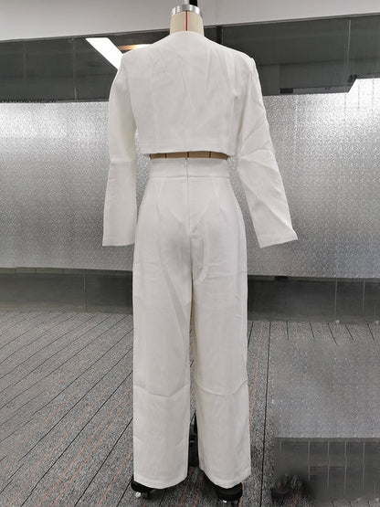 Long Sleeves Buttoned Solid Color Split-Joint Round-Neck Blazers Top + Zipper Wide Leg Mesh Pleated Pants Bottom Two Pieces Set