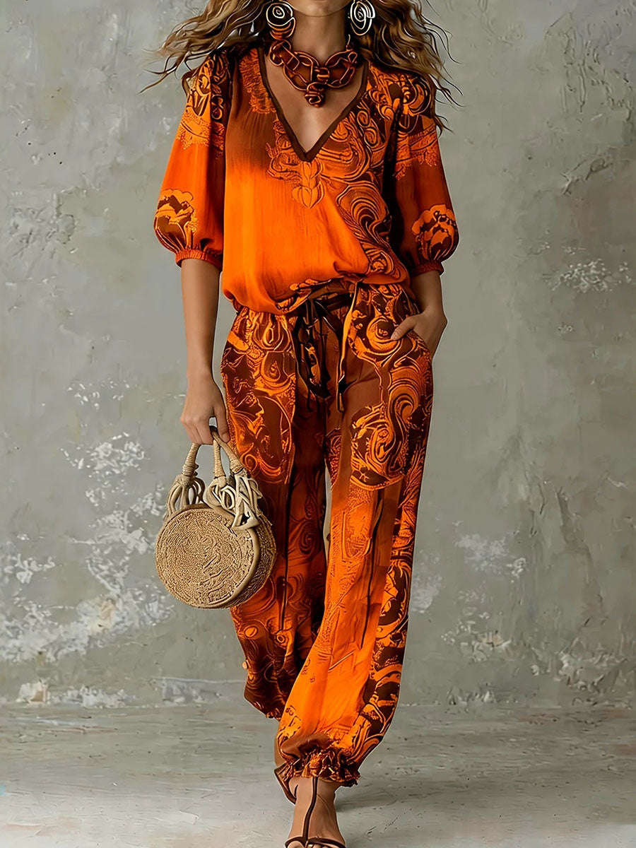 Contrast Color Printed V-Neck Half Sleeves Blouses&Shirts Tops + High Waisted Tied Waist Pockets Pants Trousers Two Pieces Set