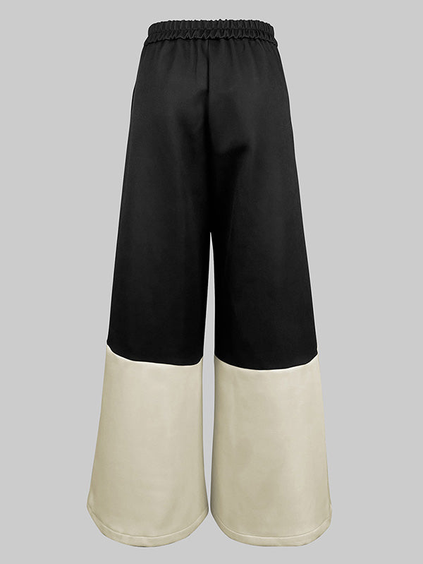 High Waisted Loose Contrast Color No Belt Pleated Pockets Pants Trousers