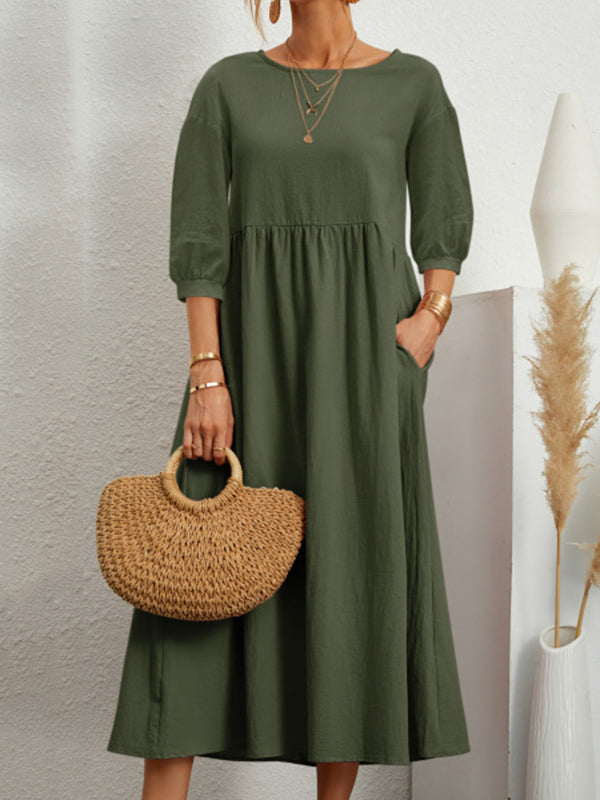 Robe mi-longue unie à col rond et simple, 11 couleurs 