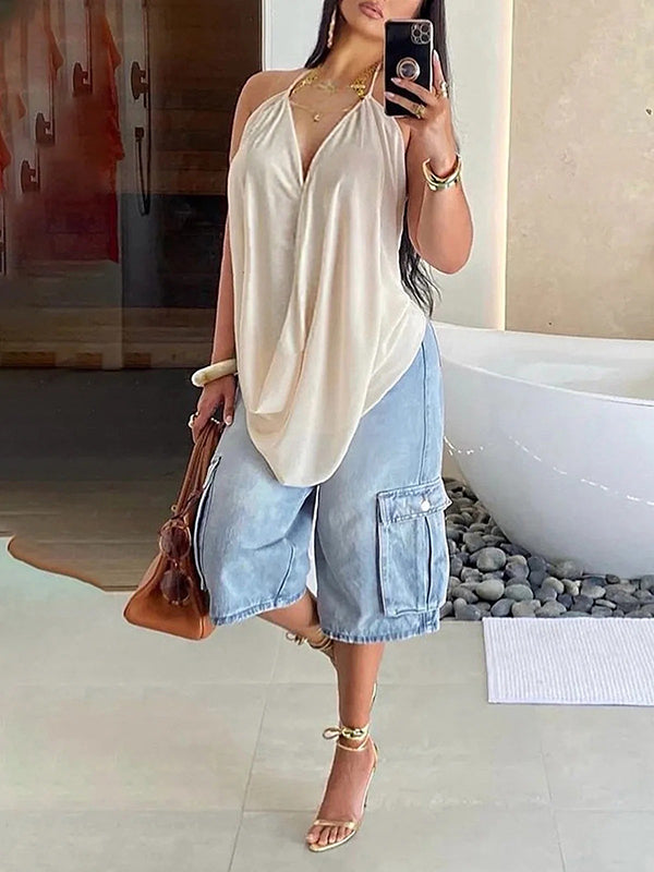 Loose Wide Leg Pockets Split-Joint Denim Half Pants