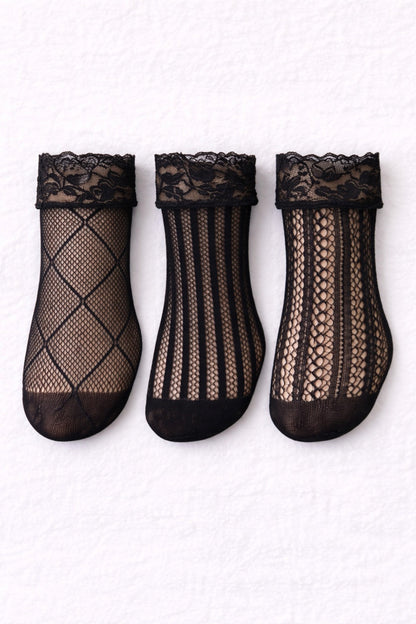 3-Pack Floral Diamond Lace Fishnet Socks