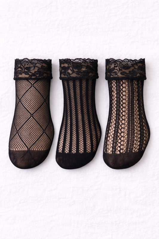 3-Pack Floral Diamond Lace Fishnet Socks