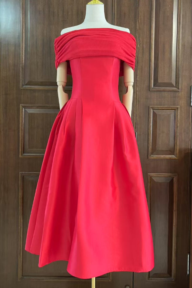Vivian Off Shoulder Flare Satin Midi Dress