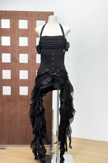 Ivria Halterneck Ruffled Draped Dress