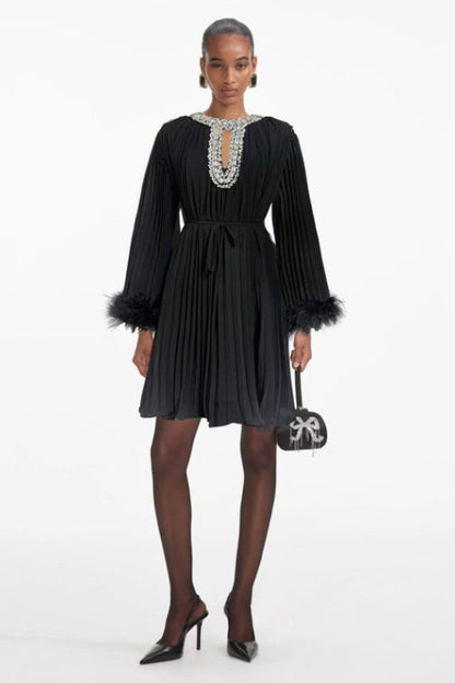 Gabrielle Diamante Feathered Pleated Mini Dress