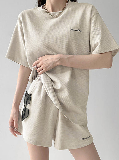 Short Sleeves Split-Joint Round-Neck T-Shirt + Elasticity Waist Shorts Two Pieces Set