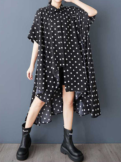 A-Line High-Low Asymmetric Buttoned Polka-Dot Lapel Midi Dresses Shirt Dress