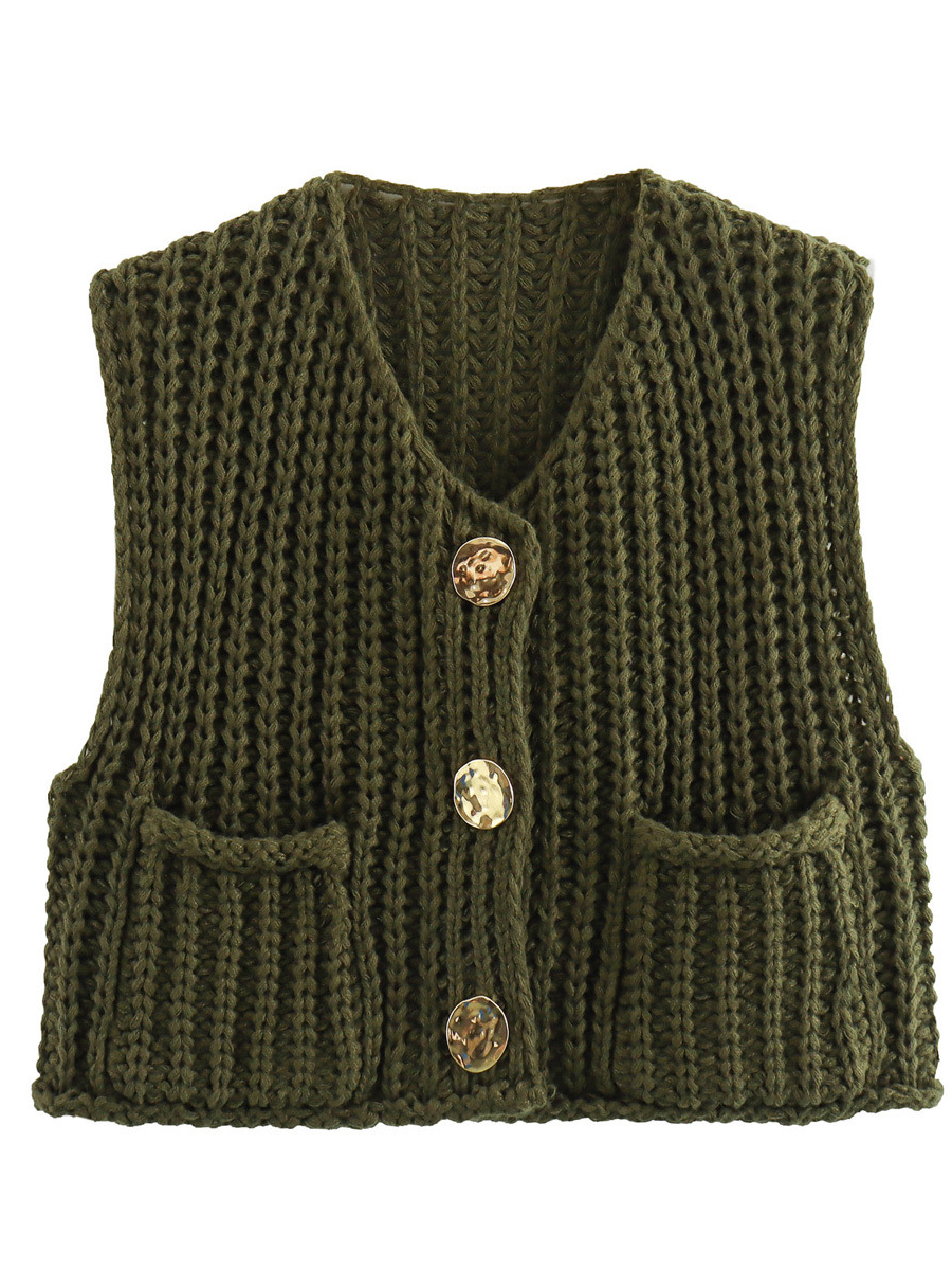 Sleeveless Buttoned Pockets Solid Color Cardigan Tops Knit Top